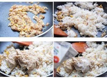 step5: 再來熱鍋，放入備料再次拌炒，加入白米飯均勻拌攪，最後將芋泥全入鍋，放入牛奶滾煮調味