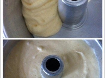 step4: 烘焙容器也是要乾爽，把麵糊倒入。
 倒入麵糊后拿起模型，往桌子敲幾下消泡。 送進烤箱，烤50分鐘或至熟。