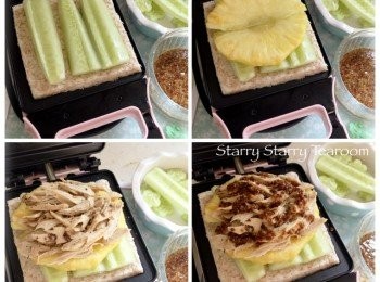 step4: 預熱三文治機，燈號熄滅後，放上麵包。依次放上青瓜、菠蘿、素雞絲和醬汁，再疊上麵包，夾三分鐘便完成。

Enjoy❤️❤️