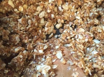 step4: 倒進果仁、燕麥及乾果拌勻，