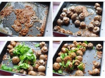 step3: 再放入豆酥慢火煸至香氣溢出，接著放入雞蛋菇拌一下，讓豆酥包覆沾裹雞蛋菇，再放入香菜提味