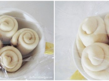 step7: 将肉桂椰丝面包卷放入圆形的碗或圆形的烤盘中。(*在碗里涂上一层薄薄的黄油，避免面包卷粘在底部）将面团封盖着，再次静置第二次的发酵30-60分钟或至到体积双倍大。