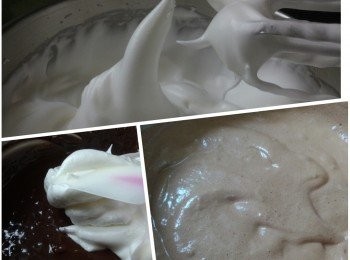 step3: 砂糖分3次加入把蛋白打至企身起角。然後分3次用fold in方法輕輕將蛋白拌入粉漿直至完全混合。