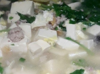 step2: 用油爆香薑片，落蝦乾，一半肉碎，鹽炒下，落水煮十分鐘，之後再落埋另一半肉碎(這樣後下會滑D)，豆腐，煮約五分鐘，最後落埋蛋漿，芫茜蔥粒完成。