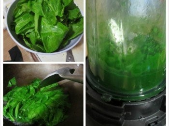 step1: 菠菜（70克菠菜叶加30水打成泥）只选叶子。菠菜用清水洗净后，入锅里煮透 ，煮好菠菜后，待凉然后挤干水分。 将菠菜放入料理机加水打成泥备用。
