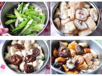 step1: 先將切好的大蒜段鋪在內鍋，接著放入處理好的豬大腸(以蘇打粉或麵粉or可樂等搓揉沖洗數次川燙)，在放上泡軟的乾香菇，最後加入適量的<span class="group_2">醬料</span>調味