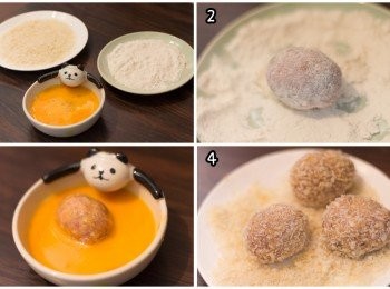 step6: 全部包好後預備三個容器，分別裝著 a 麵粉 + 鹽拌勻/ b 雞蛋稍為打散/ c 麵包粉
依次先沾上一層薄薄的麵粉，再沾上一層薄薄的蛋液，最後平均沾上麵包粉