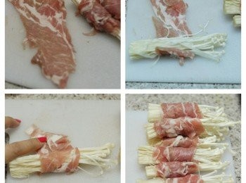 step2: 將豬肉片放平，在底部放金針菇，然後慢慢捲起。再用太白粉/粟粉水封口（1茶匙粟粉/太白粉 + 1茶匙水拌勻）