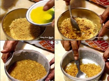 step1: 將餅乾用料理機打成碎狀，將無鹽奶油放入微波加熱成液狀後
倒入餅乾中混合均勻後放入模具中，再用湯匙壓平後放入冰箱冷藏定型