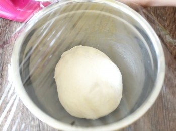 step3: 在大碗內塗點油，放入麵糰，蓋上保鮮紙，靜置一個小時，至麵糰脹大一倍