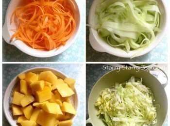 step2: 2）將所有蔬菜洗淨，再用凍滾水沖洗一次。然後將甘筍和青瓜刨絲，芒果切粒，生菜切絲。