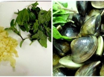 step1: 薑切成絲狀；辣椒、蒜頭切片；九層塔洗淨備用。 蛤蜊泡冷水吐沙後洗淨。