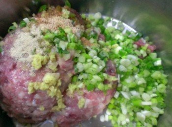 step1: 絞肉加入調味料加少許的水(約量米杯一杯慢慢加)