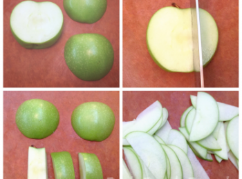 step11: <span class="group_2">餡料</span>造法:

蘋果如圖切開, 芯棄掉, 然後切薄片. 青, 紅蘋果分別用兩個大碗盛放.