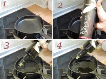 step3: 小鐵鍋先以中小火燒熱，然後加入6大匙SaoMamede特級冷壓初榨黑橄欖油 (這是這道料理特色，好油不怕吃多😊)