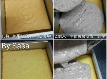 step6: 正方形蛋糕模放入其中一片蛋糕片;

倒入一半慕斯漿蓋過蛋糕片,輕輕噔幾下蛋糕模(可以讓慕斯漿平均分布在蛋糕面上);

加入剩下一片蛋糖片、輕輕壓平;

倒入剩下慕斯漿、再輕輕噔幾下、放入雪櫃雪30分鐘