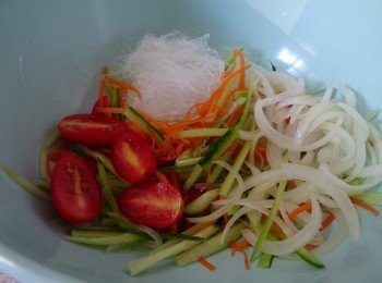 step1: (1)粉絲用水浸軟，放進滾水中浸至熟，撈起過冷河，瀝乾水分剪碎備用
(2）小紅甘筍半個切絲
(3)青瓜一個, 去籽，切絲
(4）洋蔥半個切絲，用一茶匙鹽醃15分鐘，到去水分備用
(5）車厘茄數個切件
(6）芫茜隨意切碎備用
