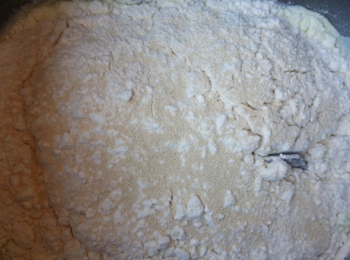 step3: 倒入高低粉和酵母，啟動麵包機，攪揉20分鐘。