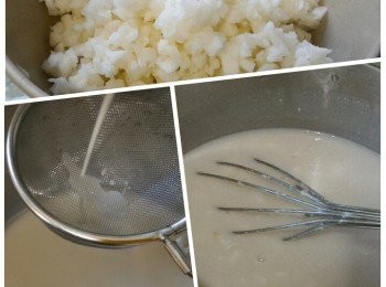 step2: 馬蹄粉、粟粉與375g水調勻後隔去渣滓。然後一邊注入步驟(1)內一邊攪拌成稀糊狀。