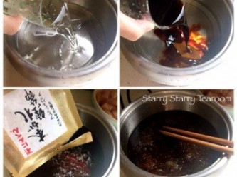 step2: 將醬油、味醂和柴魚片加進小電鍋，將火力調較至2度，煮沸後熄火，在鍋中多煮2分鐘。