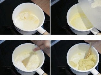 step4: 準備一小湯鍋擺入無鹽奶油／鹽／鮮奶中小火煮沸 煮沸後快速加入事先過篩好低筋麵粉並立即拌勻成團 邊拌邊檢查是否有粉粒殘留喔~ 完成熄火，盡量將麵團攤平 讓燙好麵團略冷卻至微溫狀態