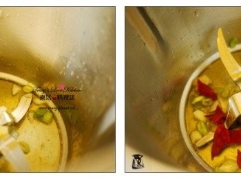 step3: 另一邊丟入葱薑蒜辣椒先爆香,
轉速0.5/1分/蒸煮鍵.再倒入剛剛爆香的花椒油. 
若不是用小美的話,直接用剛剛爆花椒的那鍋即可!