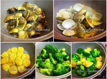 step1: 蜆用鹽水浸1-2小時吐沙，用刷洗淨，加調味料放雪櫃冷藏數小時。