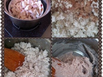 step1: 首先將芋頭蒸軟，然後壓爛，然後篩入木薯粉和粘米粉，再加入植物油。