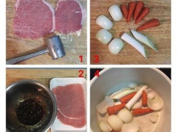 step1: 豬里肌肉用保鮮膜蓋住後，用手上現有的工具將肉拍鬆，醃料混勻後放入里肌肉抓勻，醃20分鐘。 洋蔥對切，紅蘿蔔切大塊，大蔥白切段後拍扁，先用少許油炒香；