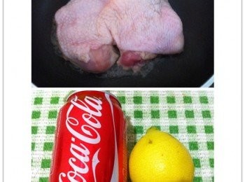 step1: 將雞腿去骨利用鹽醃製約30分鐘，可樂280ml和檸檬1匙待用。