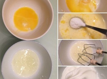 step1: 1) 把蛋黃和蛋白分開
2) 蛋黃加入奶，混合，然後加入糖, 拌勻
3) 蛋白用電動攪拌器打發至挺身