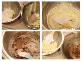 step7: 將奶油糊分成兩份(一份約110g)，分別倒入過篩好的(A)、(B)粉類，以壓拌的方式混合，完成兩種口味的麵糊。
