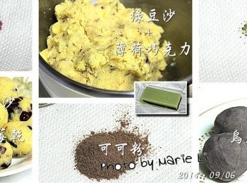 step5: 準備餡料：

《抹茶冰皮月餅》中單純只準備了《烏豆沙》為餡
將《烏豆沙》量秤每個約 30g 大小搓圓備用。

《可可冰皮月餅》中我是以《雙薄荷巧克力+綠豆沙》為餡
把《薄荷巧克力》削成碎屑加入《綠豆沙》中混勻
相同的量秤出每個約 30g 大小搓圓備用。

《紫薯冰皮月餅》中我則是使用了《蔓越莓乾+綠豆沙》為餡
《蔓越莓乾》先噴點水進烤箱 160度 烘烤個 五分鐘左右
放涼後拌進《綠豆沙》裡量秤每個約 30g 大小搓圓備用。

內餡：自製《烏豆沙》
內餡：自製《綠豆沙》