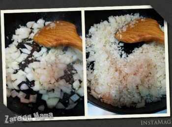 step3: 再落橄欖油炒香洋蔥蒜頭，至透過狀。落米耐心炒大概5分鐘。