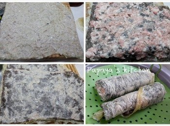 step2: 腐皮一開4份 （我只用左3份）第一層舖上薄薄嘅鯪魚肉，再放上紫菜壓實，然後舖上豬肉碎，再放腐皮，鯪魚肉，紫菜，鯪魚肉 
舖好就慢慢咁卷好，水滾後中火蒸15分鐘，蒸嘅目的係熟左會結實啲就好切啲
