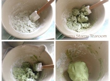 step1: 將70g糯米粉、綠茶粉和10g砂糖混合在一起，再慢慢加入熱水，搓成一個粉團。