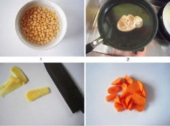 step1: 乾黃豆放在水里泡2-3個小時，其間換一次水；在熱水里將豬手汆一下，去掉多餘的血沫，撈出備用；生薑切成2mm厚的大片，用刀背在表面斬幾下；胡蘿蔔去皮後，切成滾刀塊。