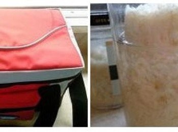 step8: 看到糯米飯結成整塊，並且邊緣離瓶，中間酒窩有酒即可。看看清澈的酒汁。做好後的甜酒釀蓋緊瓶蓋，放入冰箱保存。