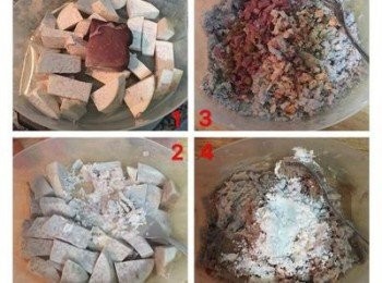 step2: 芋頭與火腿ㄧ起蒸25分鐘後，取出火腿和蝦米ㄧ起切碎備用，芋頭則趁熱壓成泥，加入煎鴨肉的油(約2-3湯匙），再放入火腿和蝦米，鹽1/2茶匙，糖1茶匙，五香粉少許和白胡椒粉1/2茶匙拌勻，接著放入玉米粉混勻成糰。