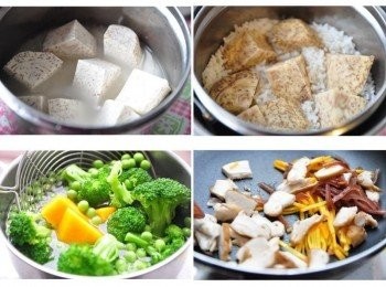 step2: 取約1量杯白米燉煮，順便將芋頭塊鋪在最上層一起燉煮，部分裝飾鮮蔬用滾水川燙撈起備用，接著先將黑木耳絲及胡蘿蔔絲和香菇片拌炒出香味起鍋