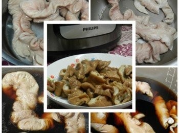 step2: 腸子用白醋與麵粉洗淨後，先把大腸放入萬用鍋中，並放入醬油、水、糖，蓋上蓋子
