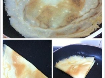 step5: 以中小火，慢慢的把麵糊前後煎炸金黃色鬆脆，然後對折即可。