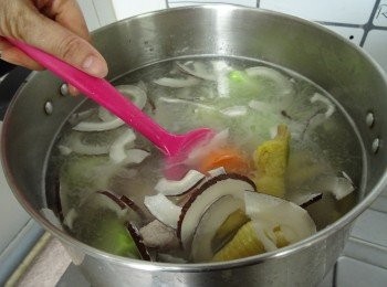 step4: 用一大煲煮滾半煲清水，下全部材料煲2小時,最後下鹽調味便完成。