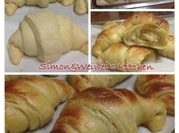 step17: 可頌麵包捲好之後，蓋上保鮮膜，置於溫暖地方發酵，(同樣放烤箱，烤箱裡放一杯熱水)，發酵約40分鐘以上。