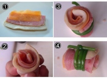 step3: 依照順序將置涼的<span class="group_1">食材</span>一片片的堆疊，再慢慢的捲起，然後用水蓮輕輕的繞三圈打死結固定住杏鮑菇捲
