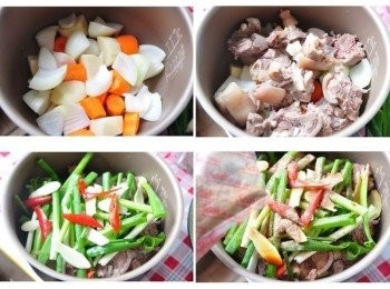 step2: 先將洋蔥、馬鈴薯、紅蘿蔔放入鍋底，接著放上羊肉，最後放蔥段、薑片、辣椒，放入<span class="group_2">醬料</span>調味