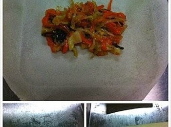 step4: 春卷皮上放上適量餡料，卷好後以生粉水/蛋汁黏口。