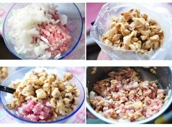 step1: 將洋蔥切細丁與絞肉及破布子一起攪拌均勻，並加入2大匙香菇素蠔油膏、薄鹽醬油、少許米酒、胡椒粉等均勻調味