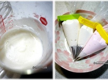 step6: 一大匙糖霜粉+一匙溫開水打成白泡沫狀，接著加入糖粉下去調成需要的硬度即可 
這裡白色我做了偏硬（畫圖）及微硬（黏合用）二種硬度，另外一隻偏硬的粉紅色繪圖用