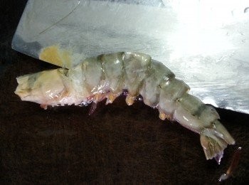 step2: 中蝦剪去鬚及腳,於蝦背切開兩邊(因蝦殼比較硬身,要用手按實蝦,小心手)然後去腸洗淨待用
